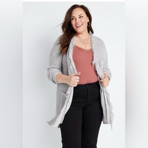 Maurices Women’s Cardigan Long Grey White Fringe Pockets Open Front Size 2X